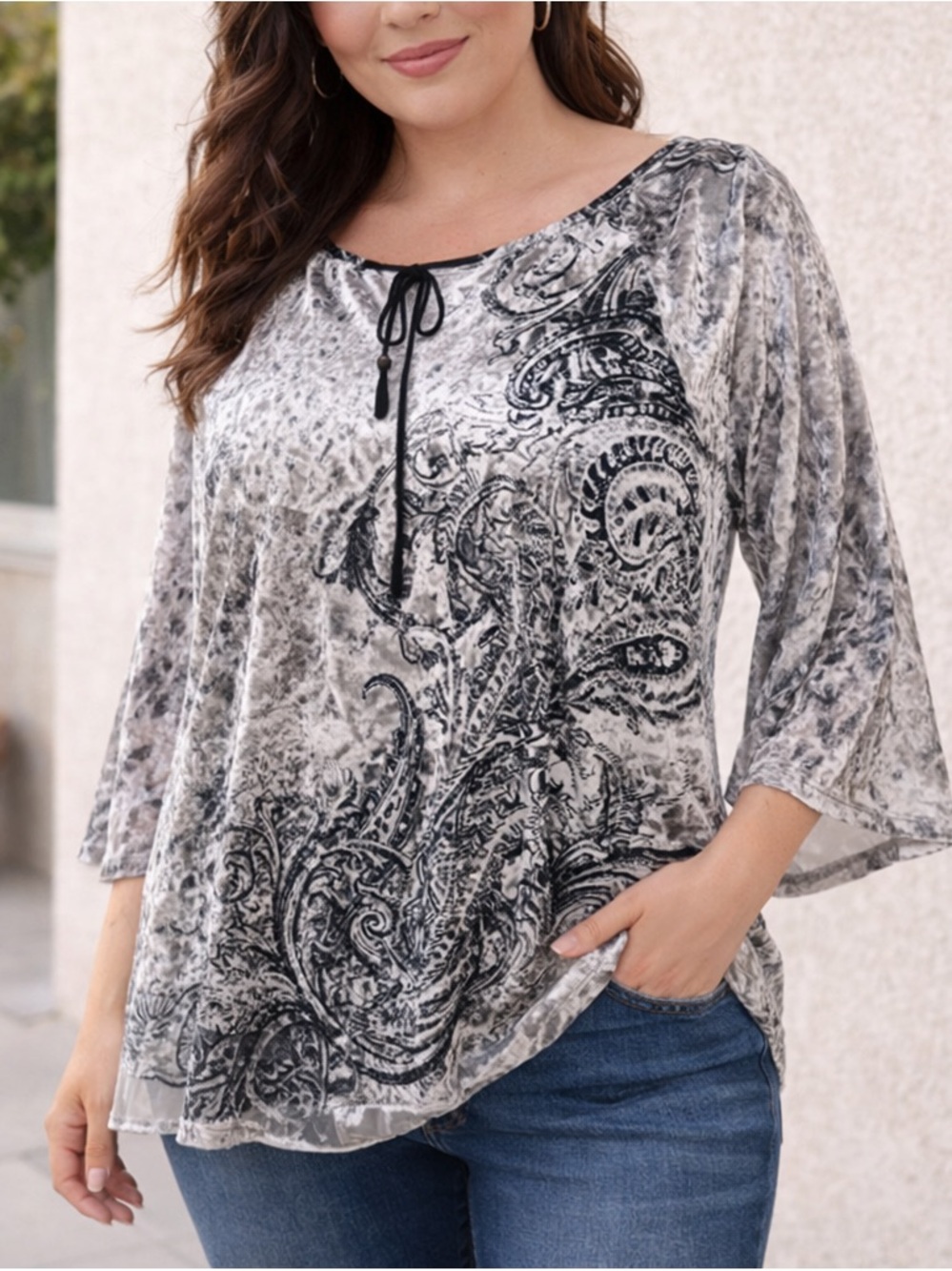 CJ Banks Crushed Velvet Tunic 🖤 Silver Black Paisley Velour Top | 1X